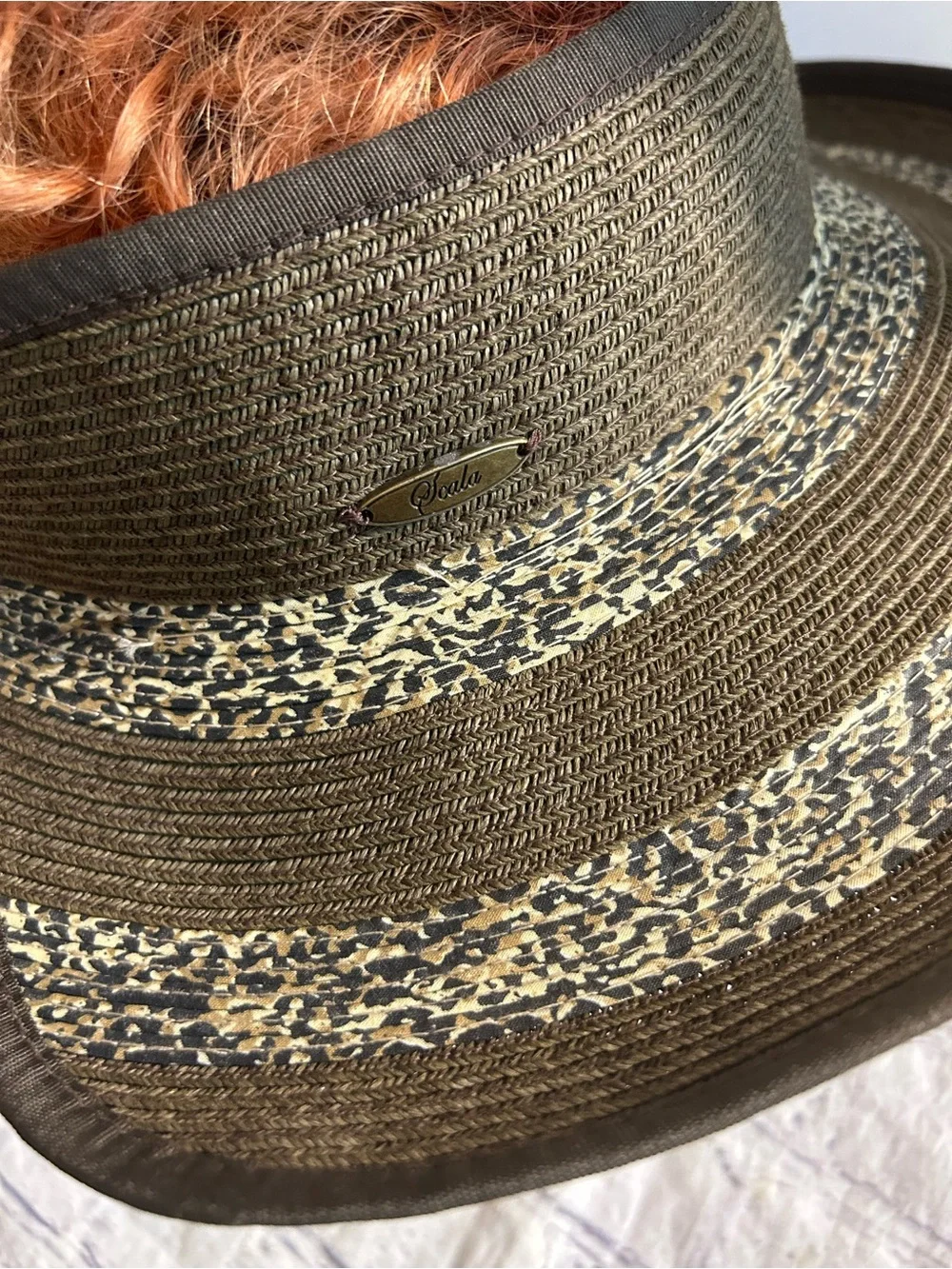 SCALA HANDCRAFTED STRAW VISOR LEOPARD PRINT BAND WIDE BRIM O/S